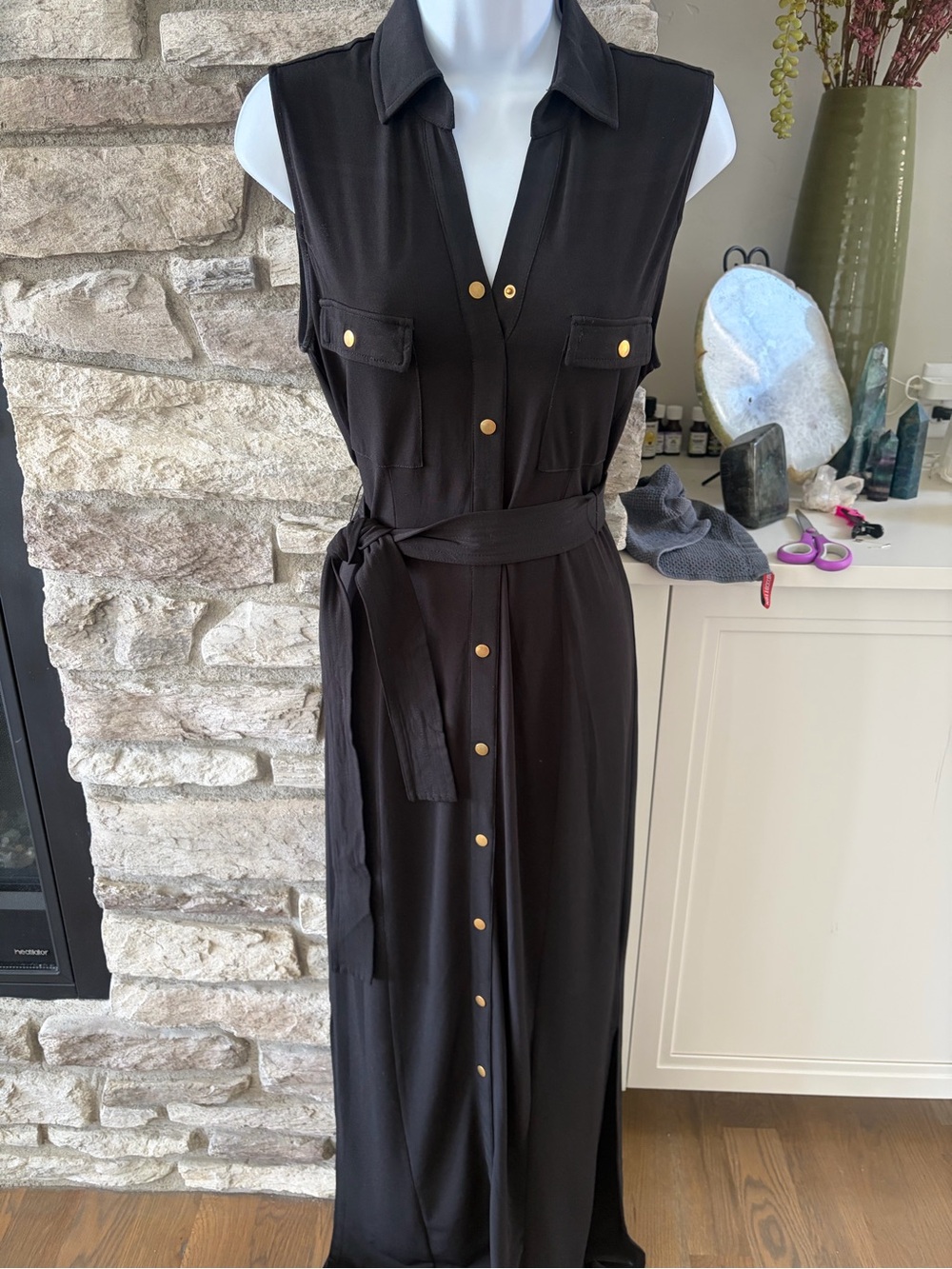 Grace Elements Black Sleeveless Maxi Shirt Dress with Gold Buttons
